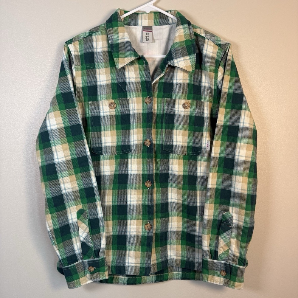 Stio Plaid Womens M Green‎ White Midweight Flannel Button Up 100% Cotton Outdoor